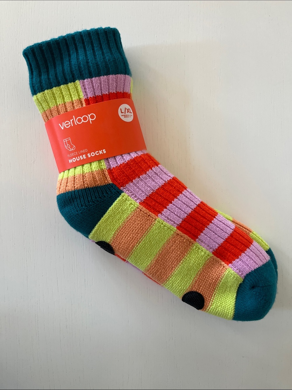 verloop knits peach/cobalt multicolor fleece lined house socks L/XL